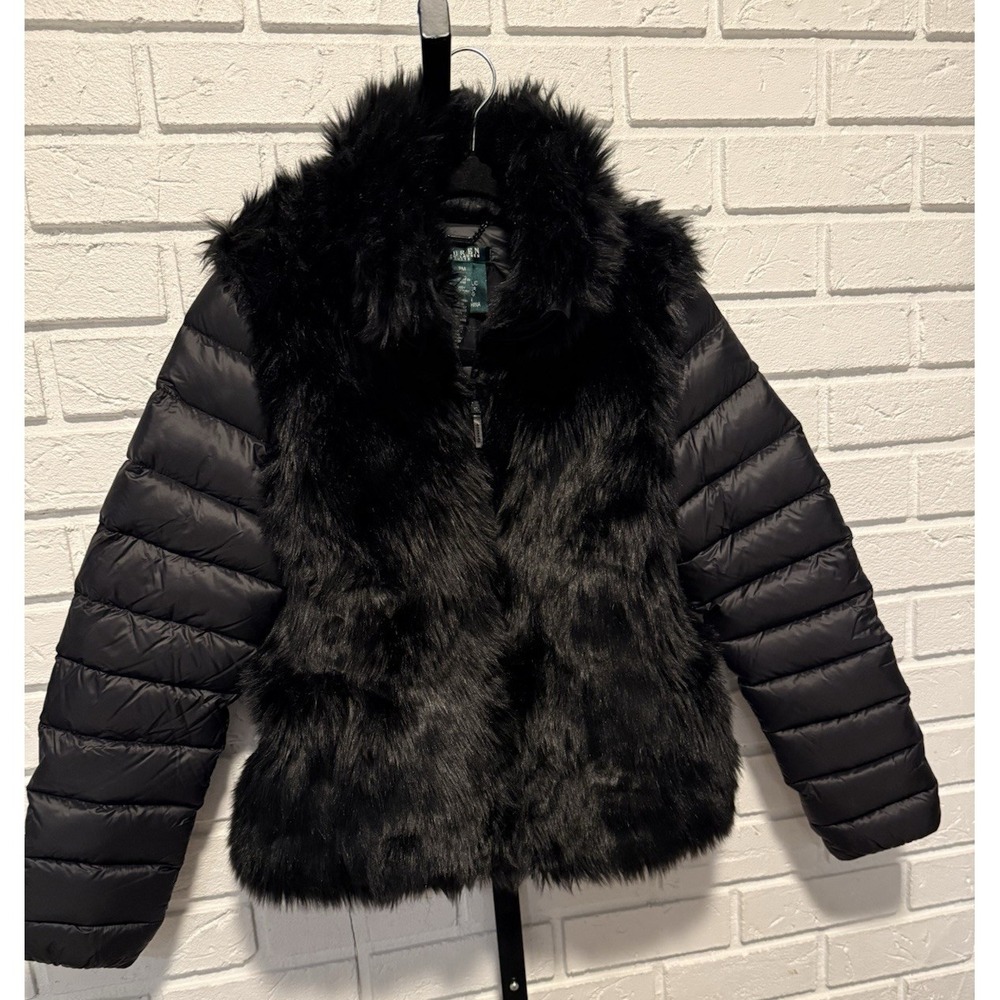 Woman's Lauren Ralph Lauren Faux Fur Black‎ Puffer Jacket Vest PM Ski Old Money